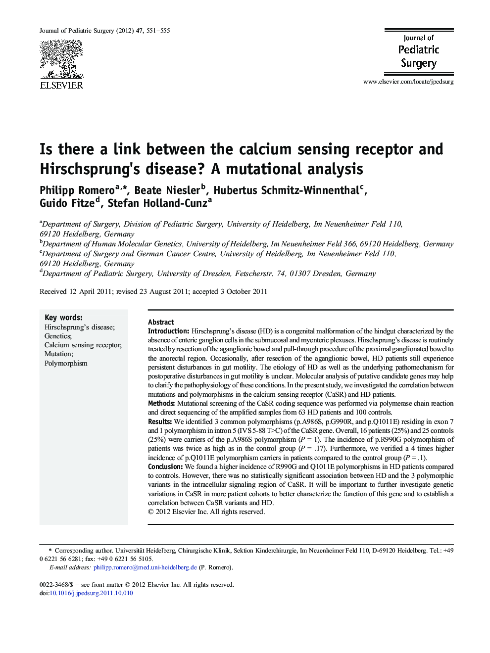 Is there a link between the calcium sensing receptor and Hirschsprung's disease? A mutational analysis