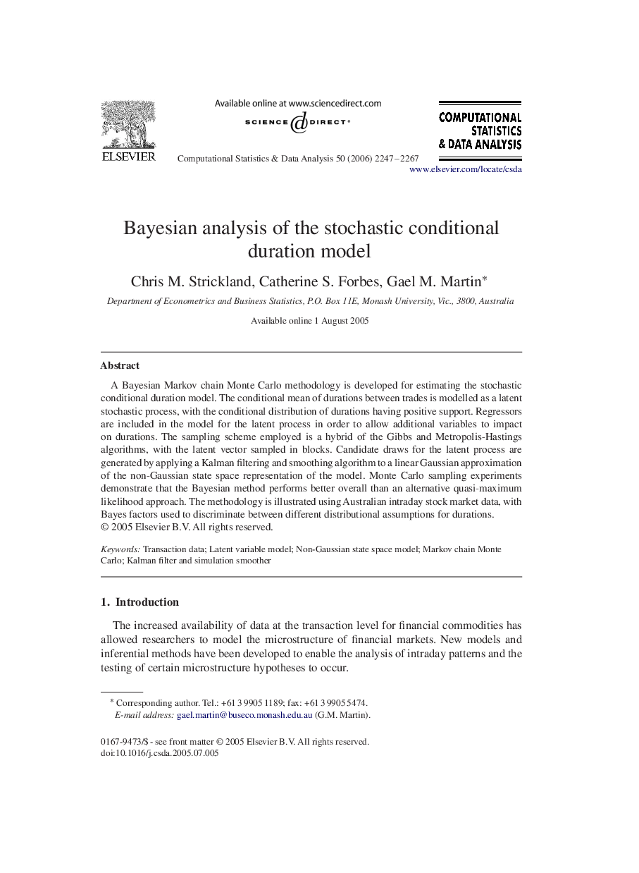 Bayesian analysis of the stochastic conditional duration model