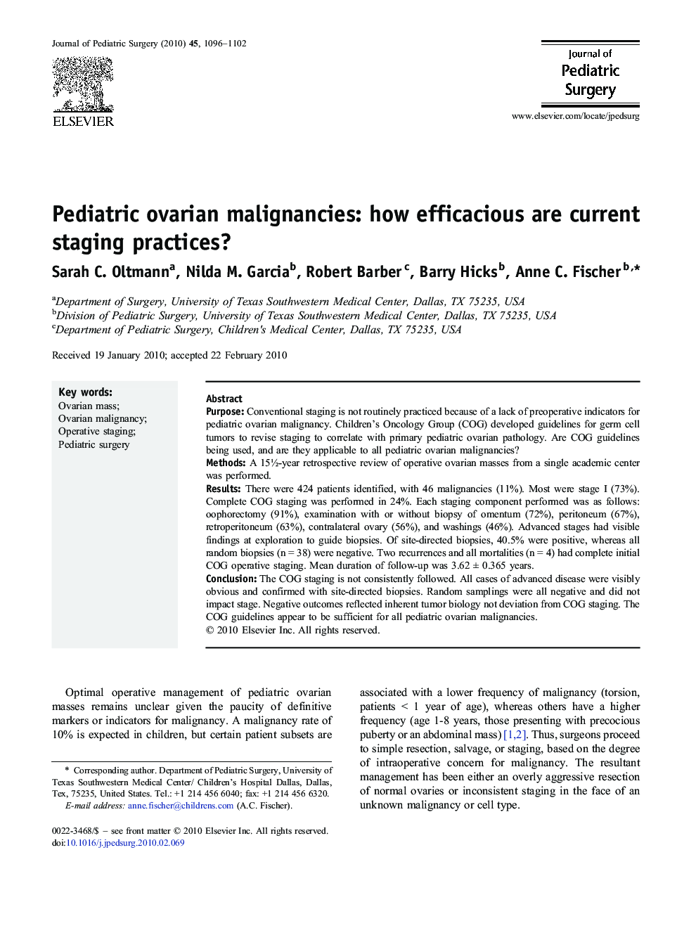 Pediatric ovarian malignancies: how efficacious are current staging practices?