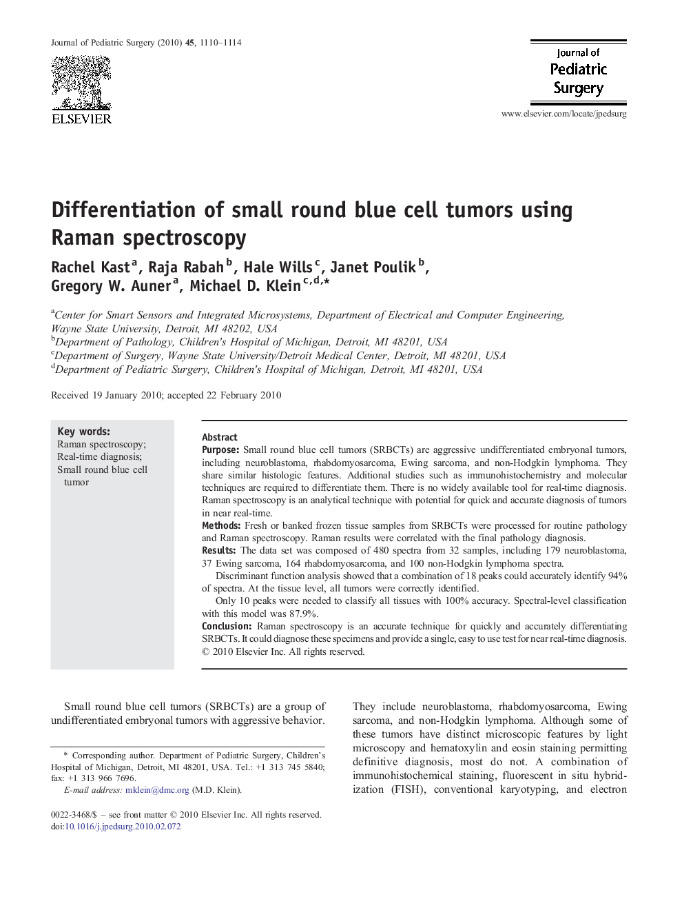 Differentiation of small round blue cell tumors using Raman spectroscopy