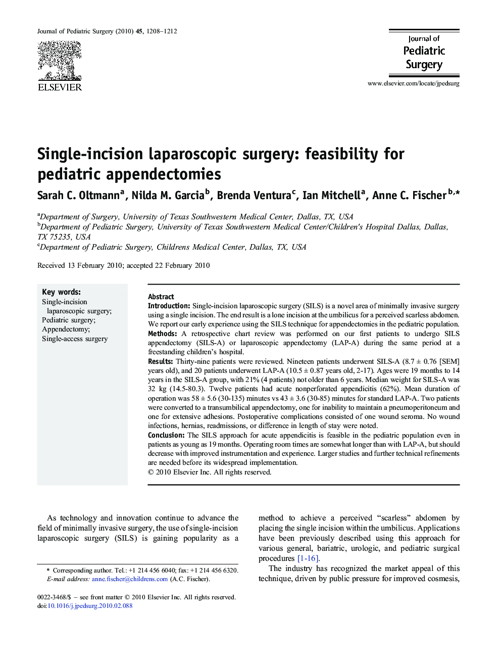 Single-incision laparoscopic surgery: feasibility for pediatric appendectomies