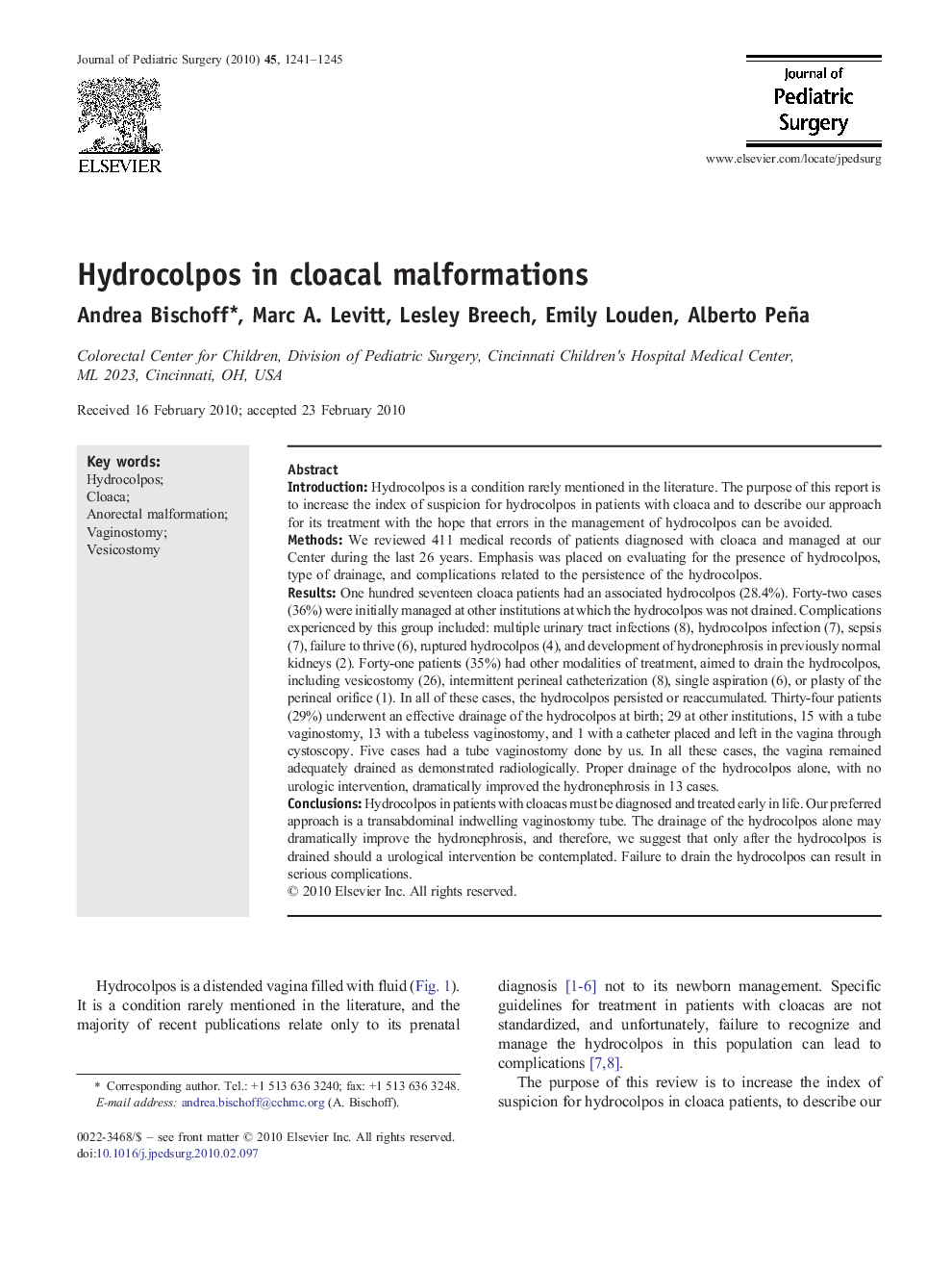 Hydrocolpos in cloacal malformations