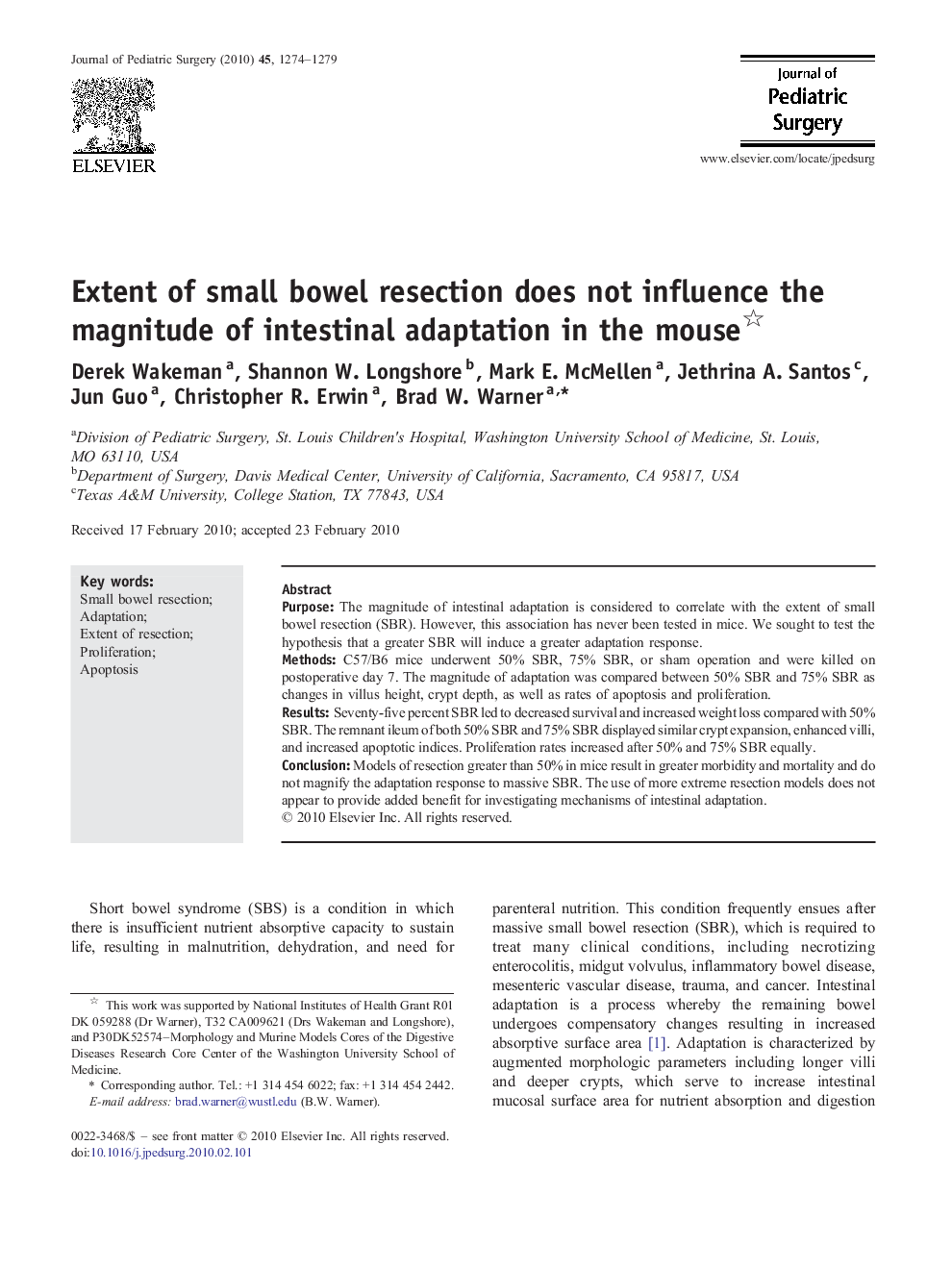 Extent of small bowel resection does not influence the magnitude of intestinal adaptation in the mouse 