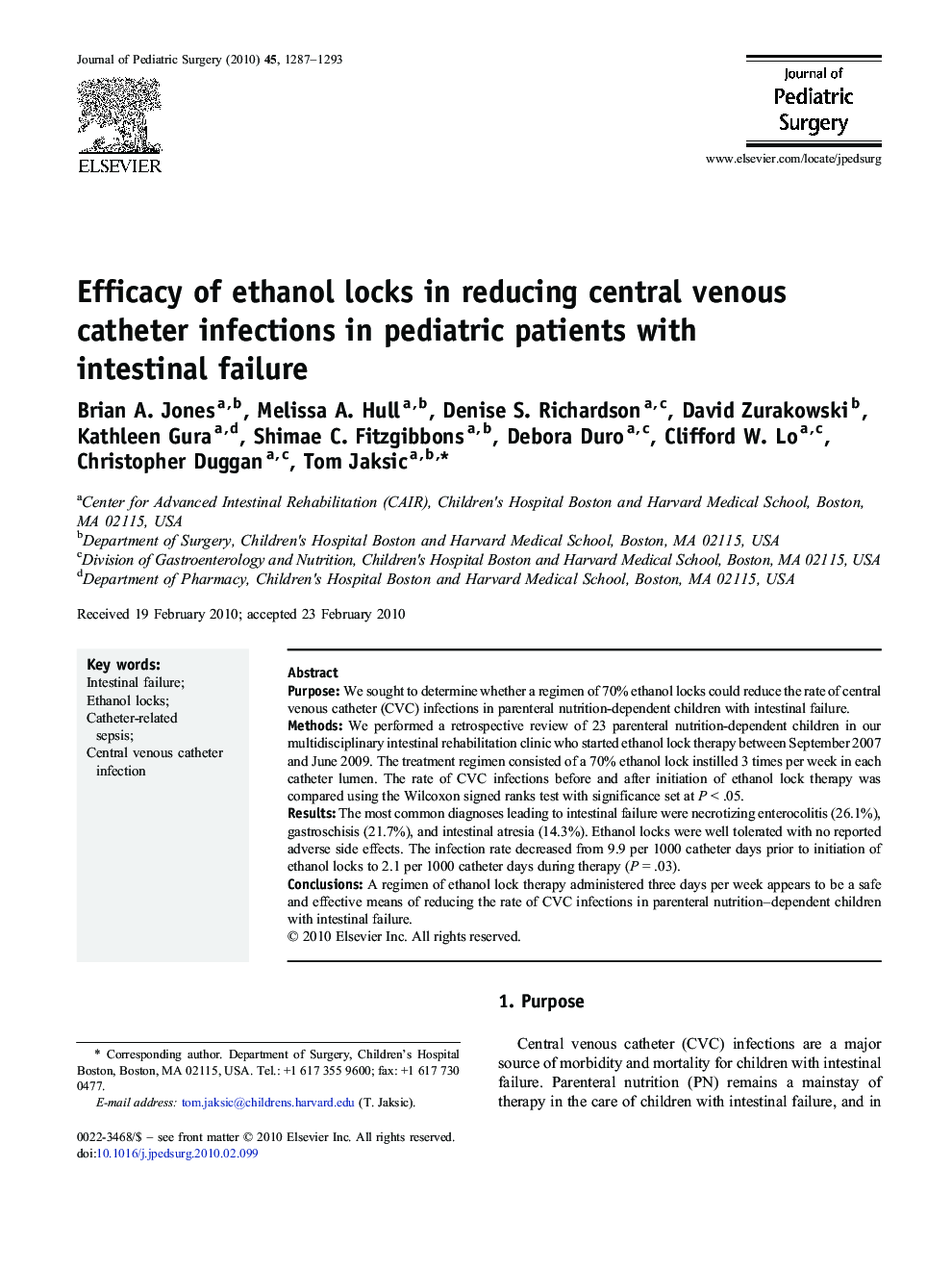 Efficacy of ethanol locks in reducing central venous catheter infections in pediatric patients with intestinal failure