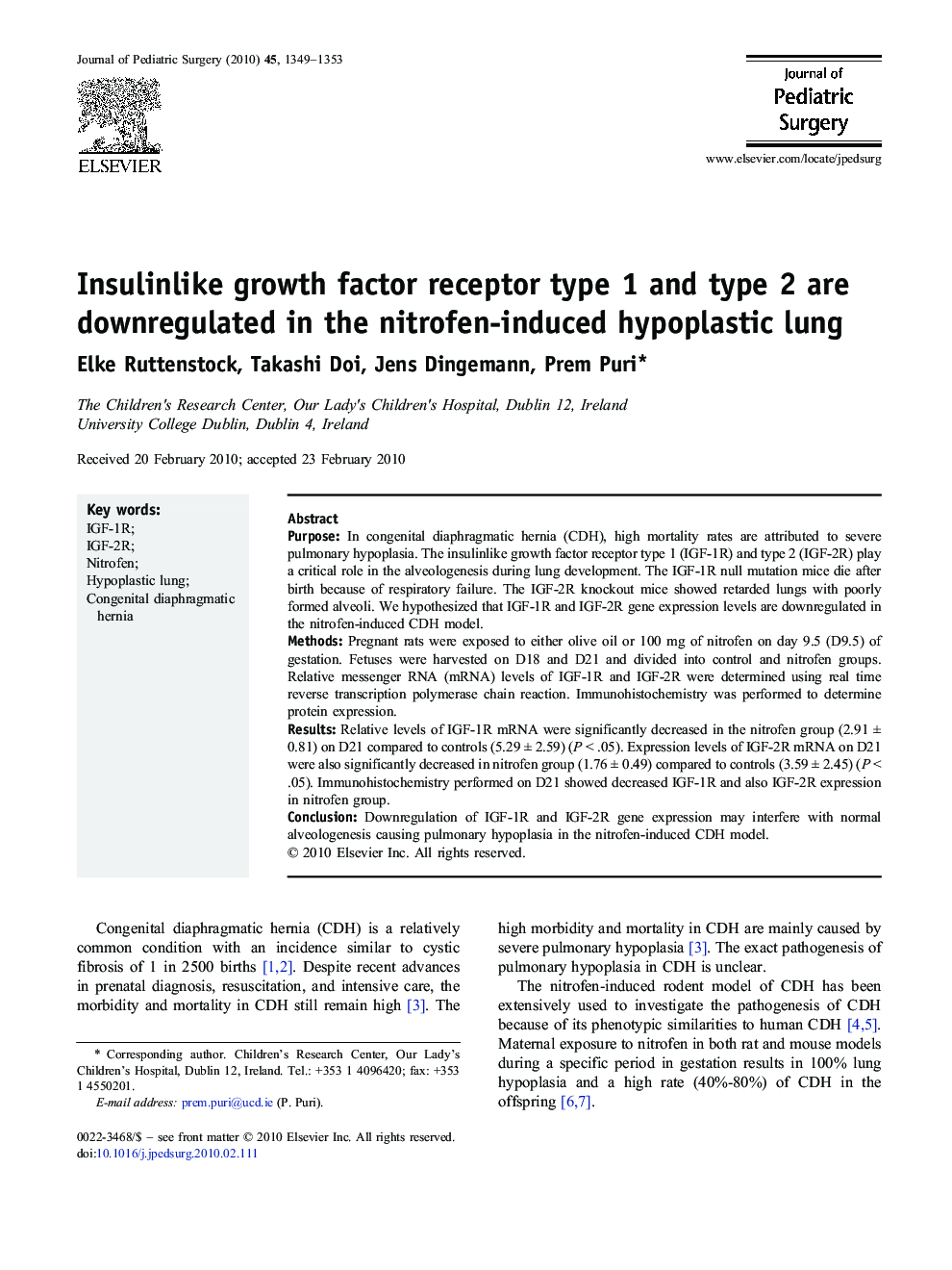 Insulinlike growth factor receptor type 1 and type 2 are downregulated in the nitrofen-induced hypoplastic lung