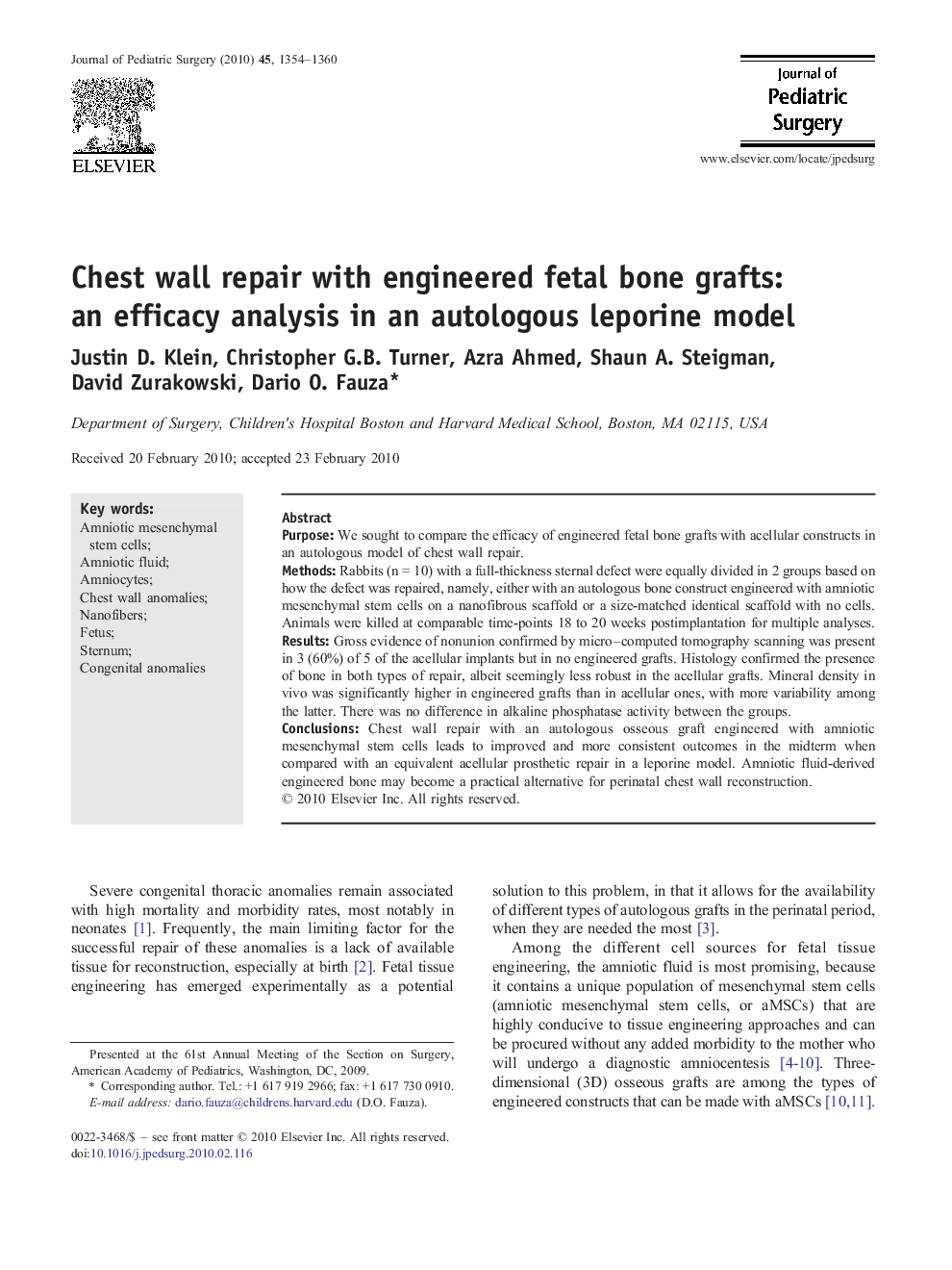 Chest wall repair with engineered fetal bone grafts: an efficacy analysis in an autologous leporine model 