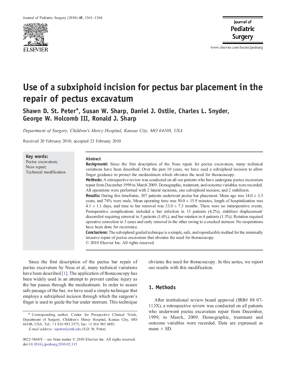 Use of a subxiphoid incision for pectus bar placement in the repair of pectus excavatum