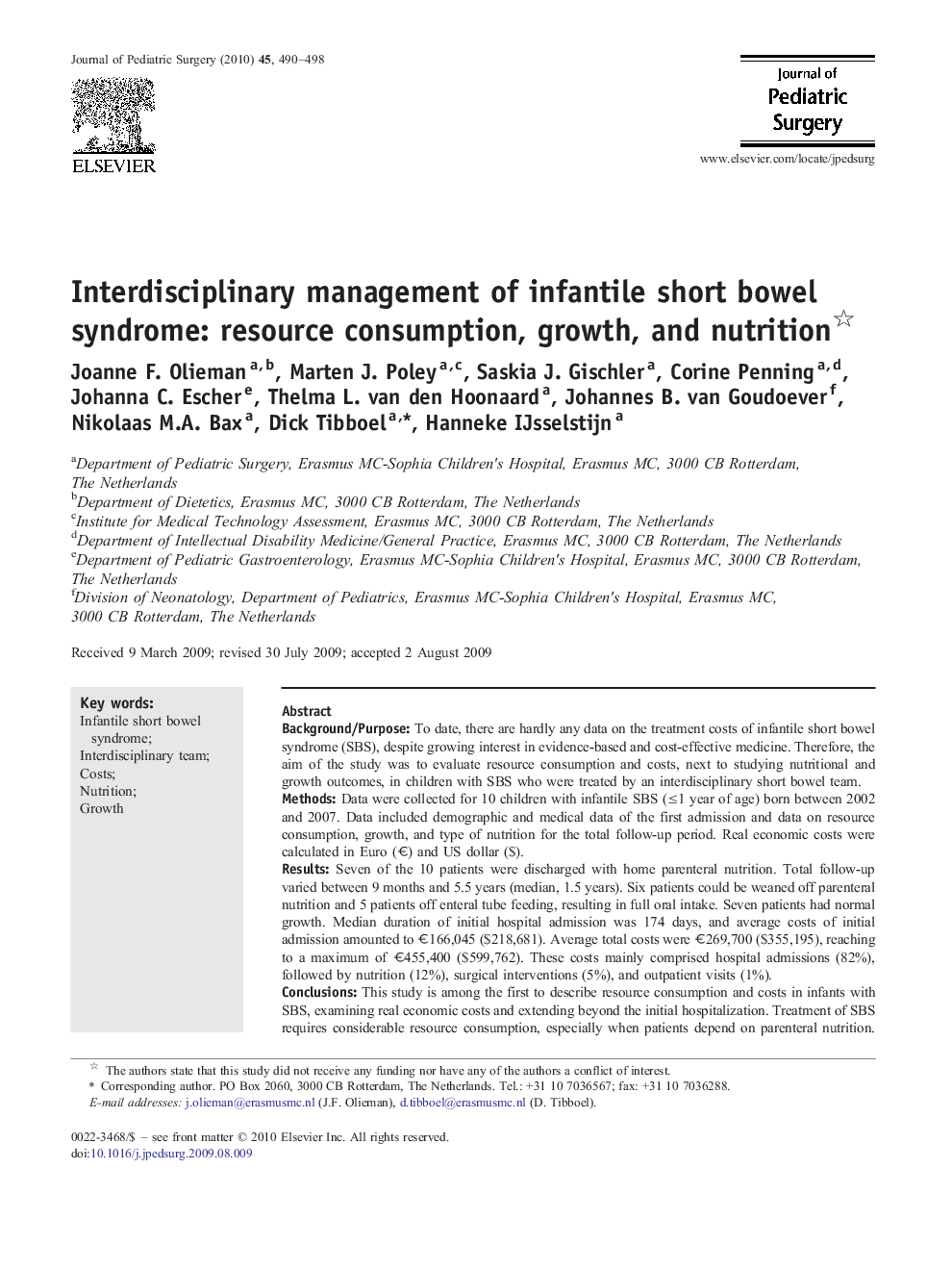 Interdisciplinary management of infantile short bowel syndrome: resource consumption, growth, and nutrition 