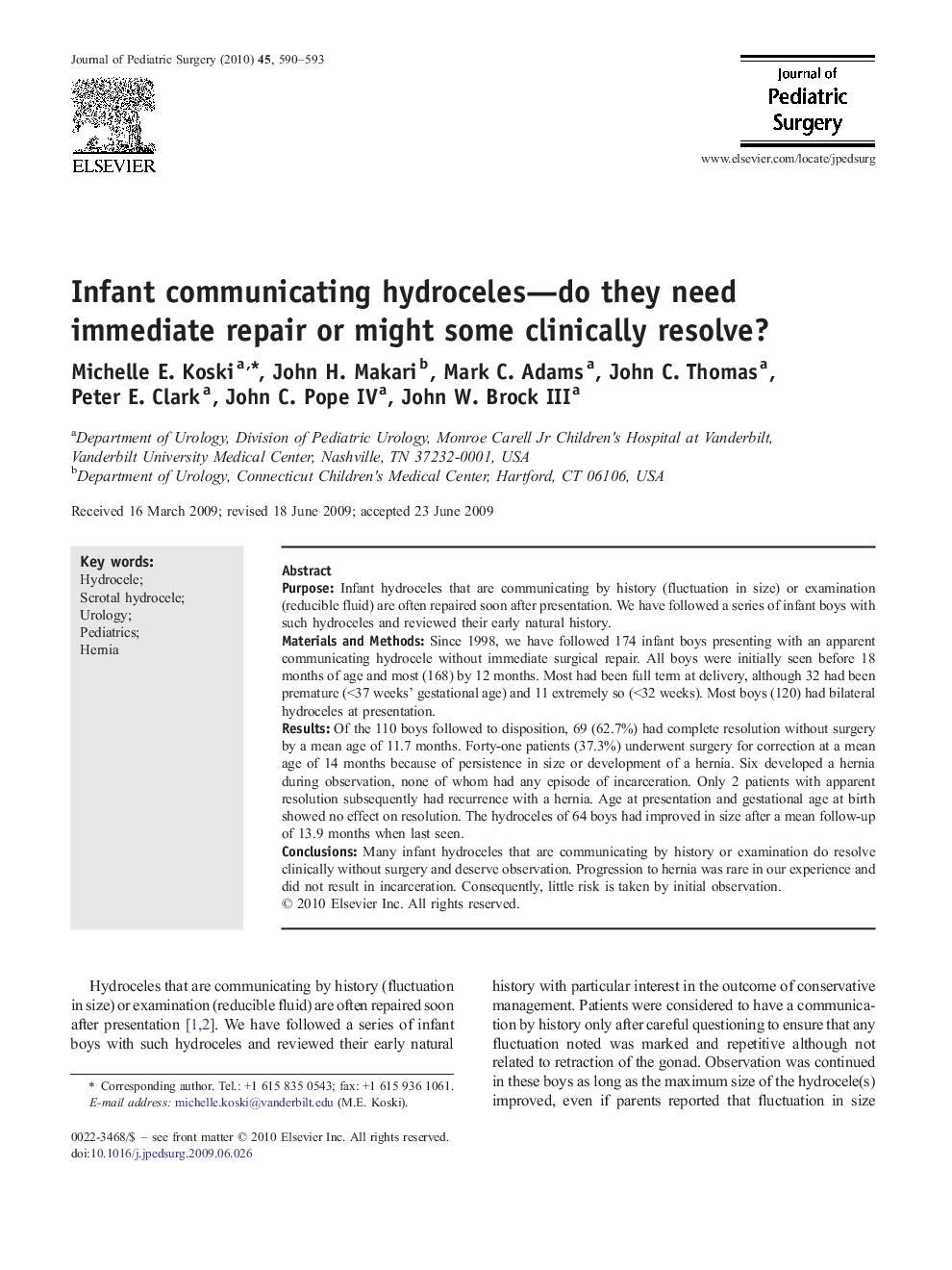 Infant communicating hydroceles—do they need immediate repair or might some clinically resolve?