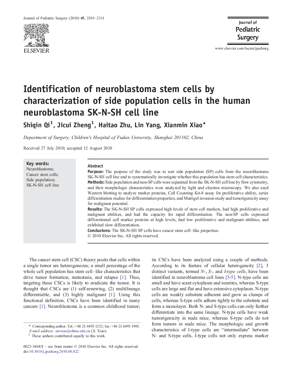 Identification of neuroblastoma stem cells by characterization of side population cells in the human neuroblastoma SK-N-SH cell line