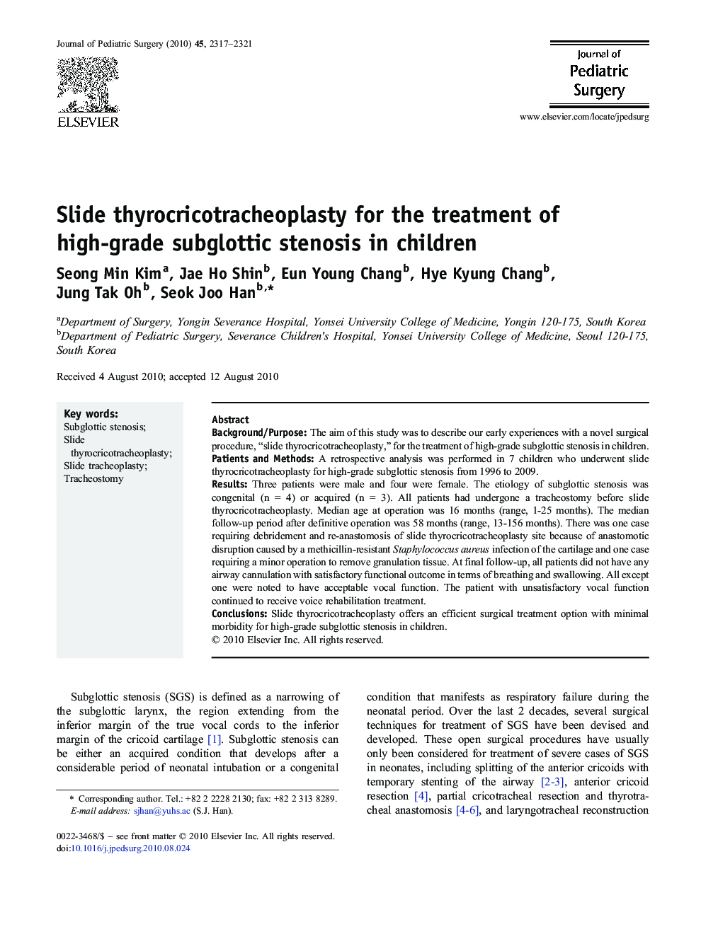 Slide thyrocricotracheoplasty for the treatment of high-grade subglottic stenosis in children