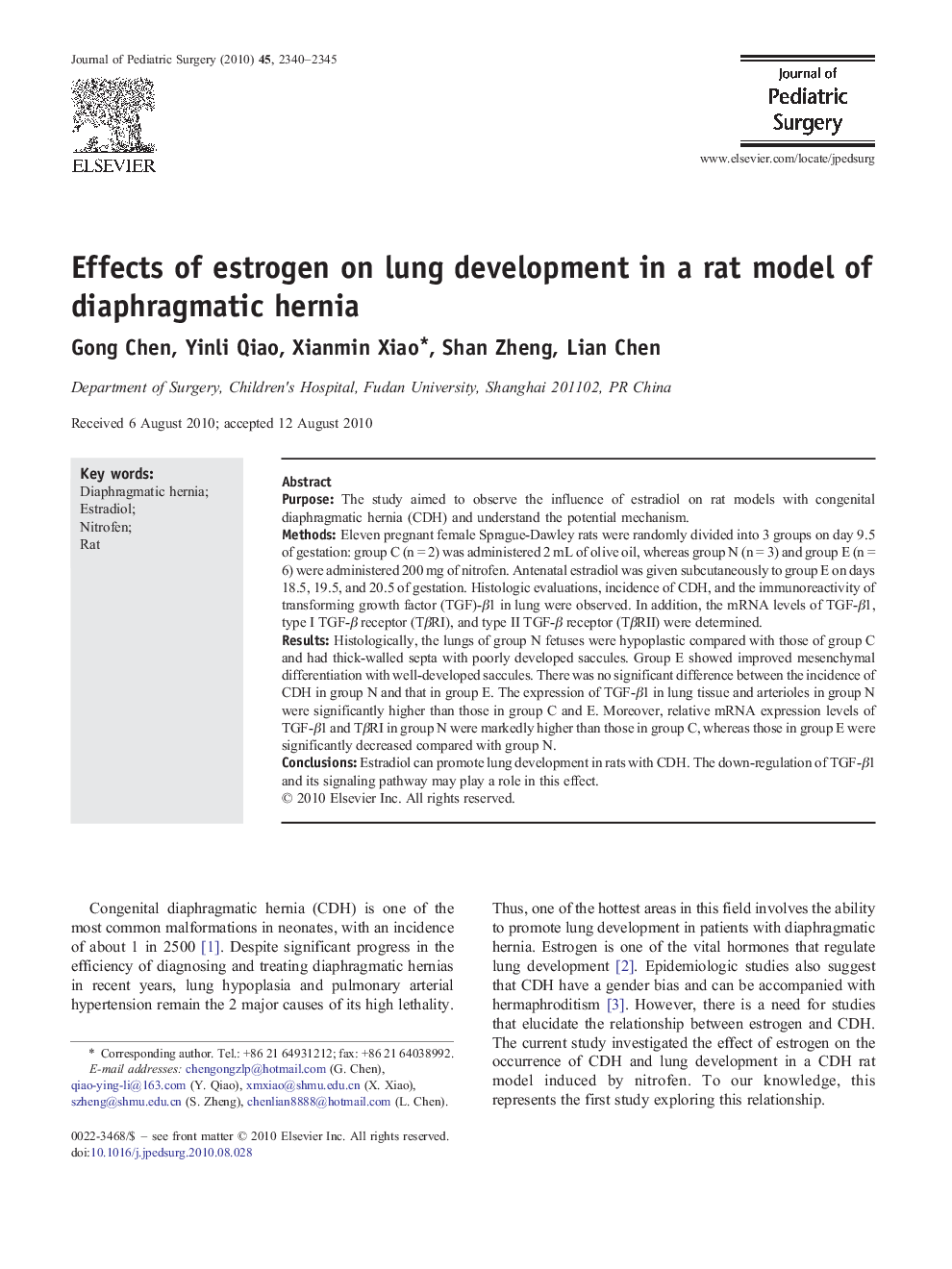 Effects of estrogen on lung development in a rat model of diaphragmatic hernia