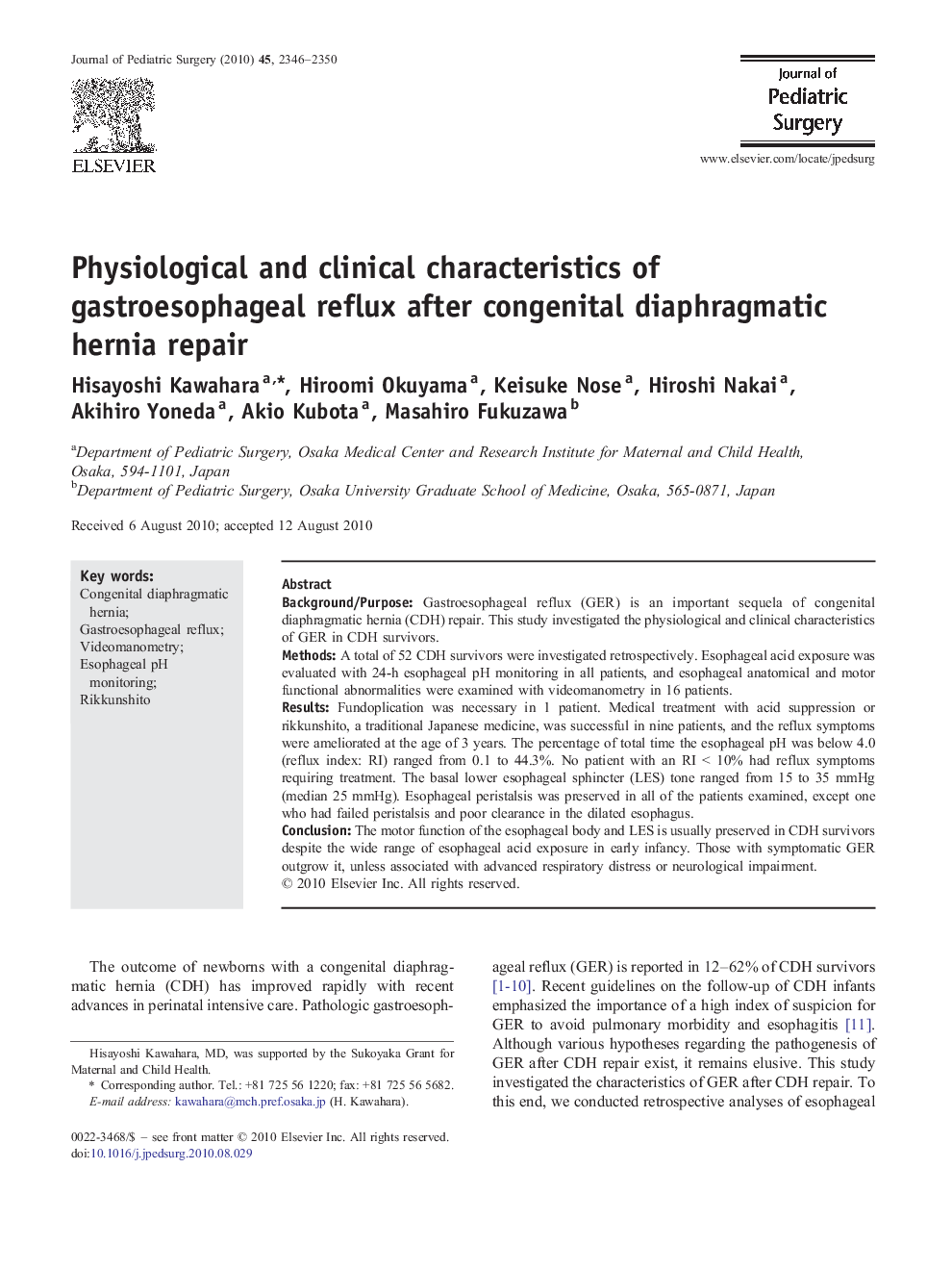 Physiological and clinical characteristics of gastroesophageal reflux after congenital diaphragmatic hernia repair 