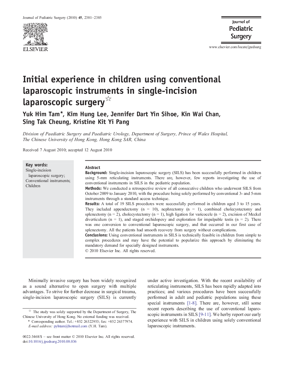 Initial experience in children using conventional laparoscopic instruments in single-incision laparoscopic surgery 