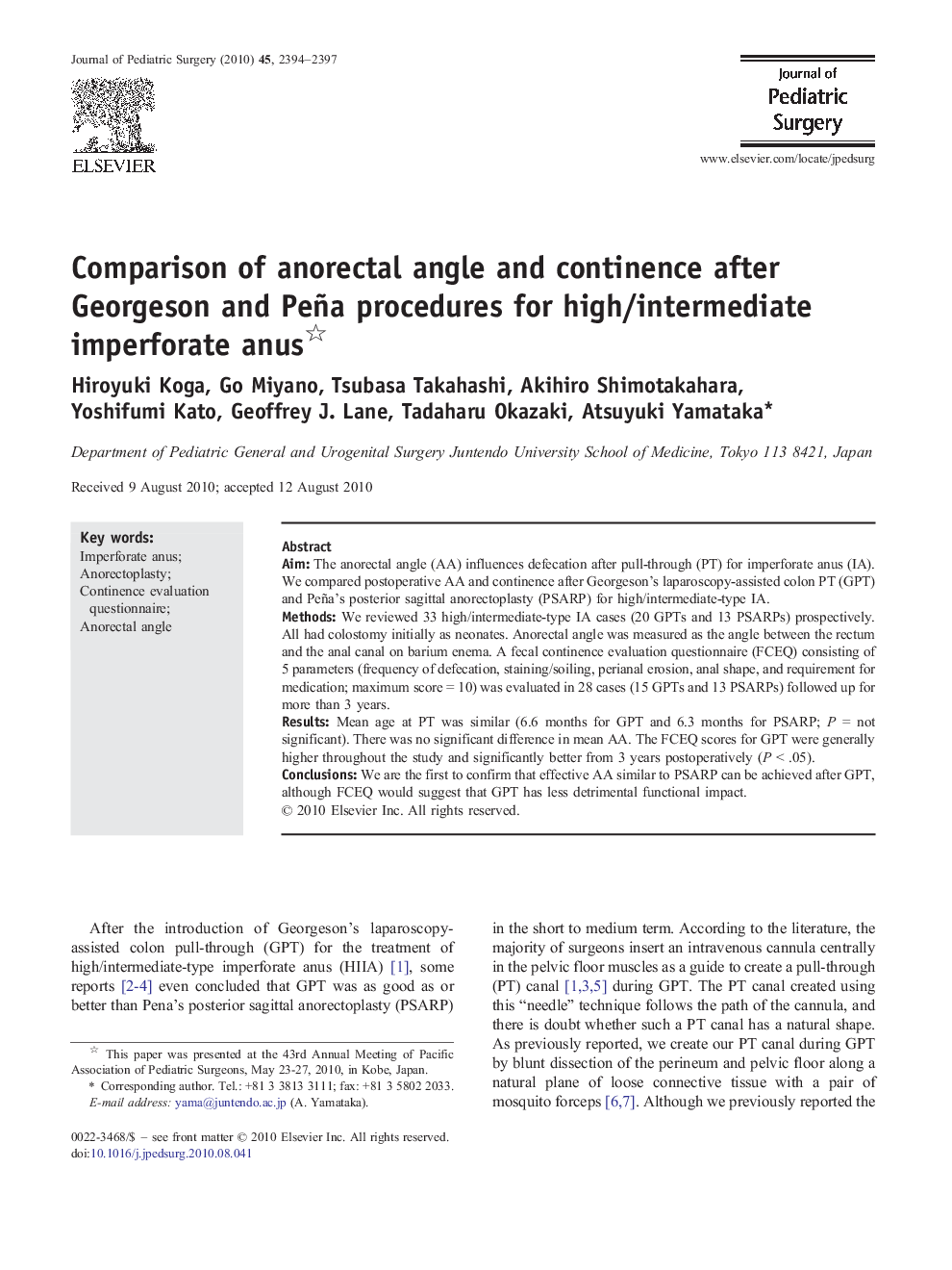 Comparison of anorectal angle and continence after Georgeson and Peña procedures for high/intermediate imperforate anus 