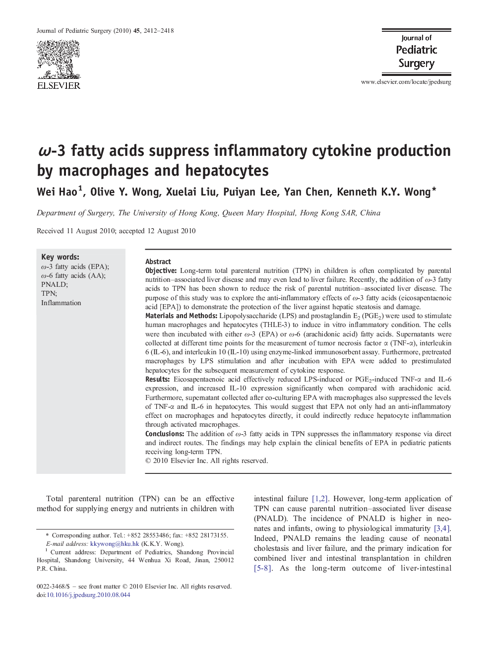 ω-3 fatty acids suppress inflammatory cytokine production by macrophages and hepatocytes