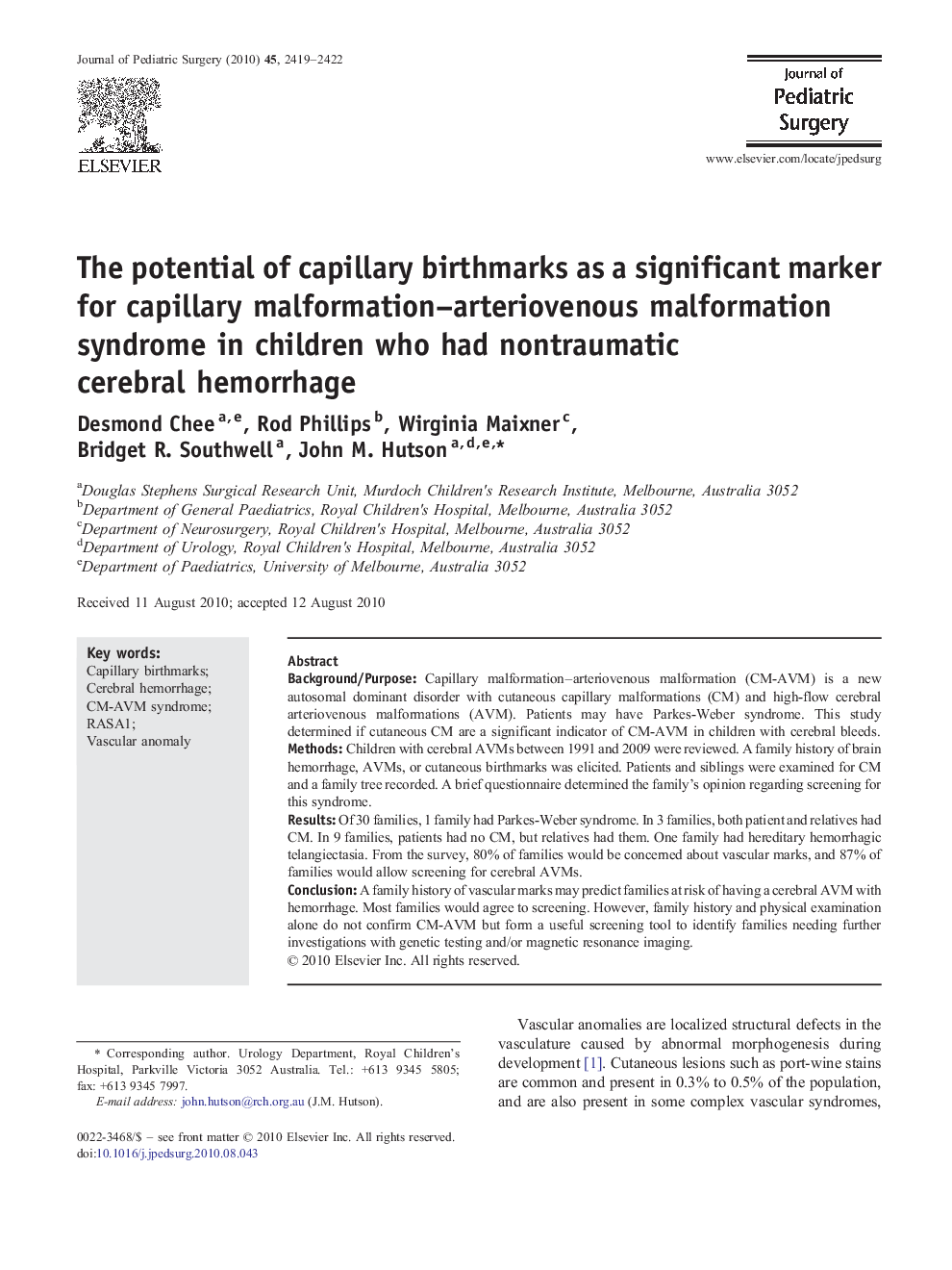 The potential of capillary birthmarks as a significant marker for capillary malformation–arteriovenous malformation syndrome in children who had nontraumatic cerebral hemorrhage