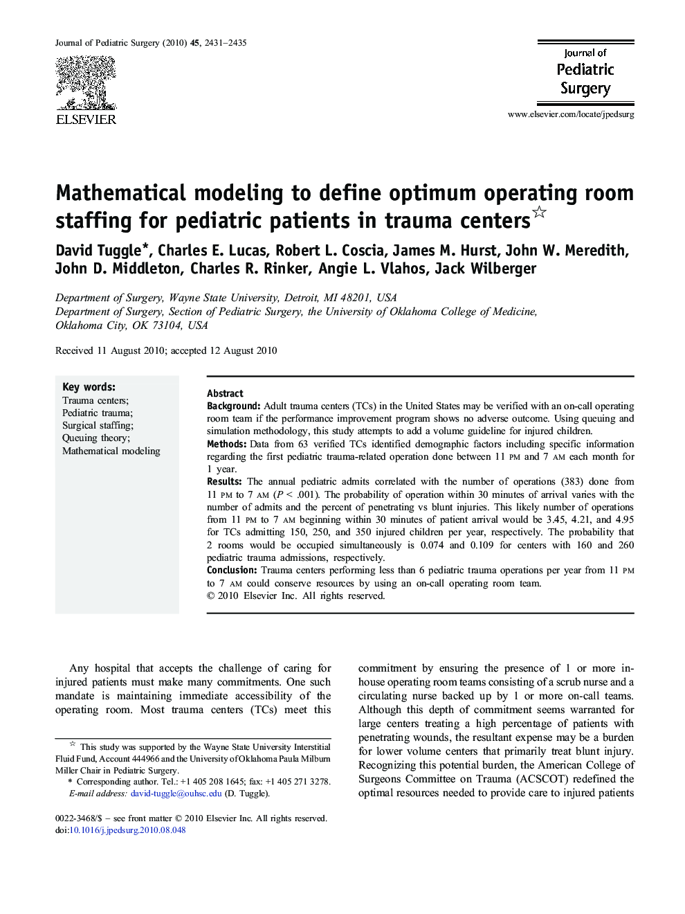 Mathematical modeling to define optimum operating room staffing for pediatric patients in trauma centers 