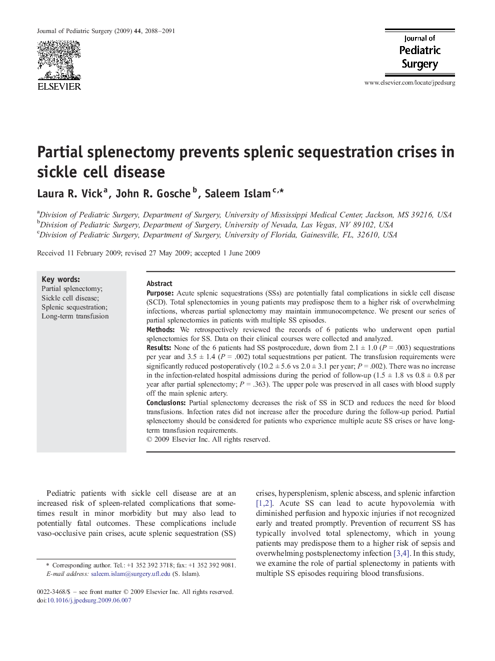 Partial splenectomy prevents splenic sequestration crises in sickle cell disease