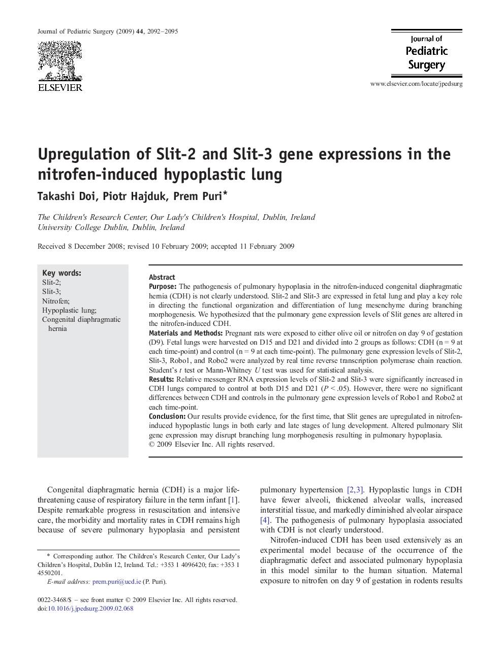 Upregulation of Slit-2 and Slit-3 gene expressions in the nitrofen-induced hypoplastic lung