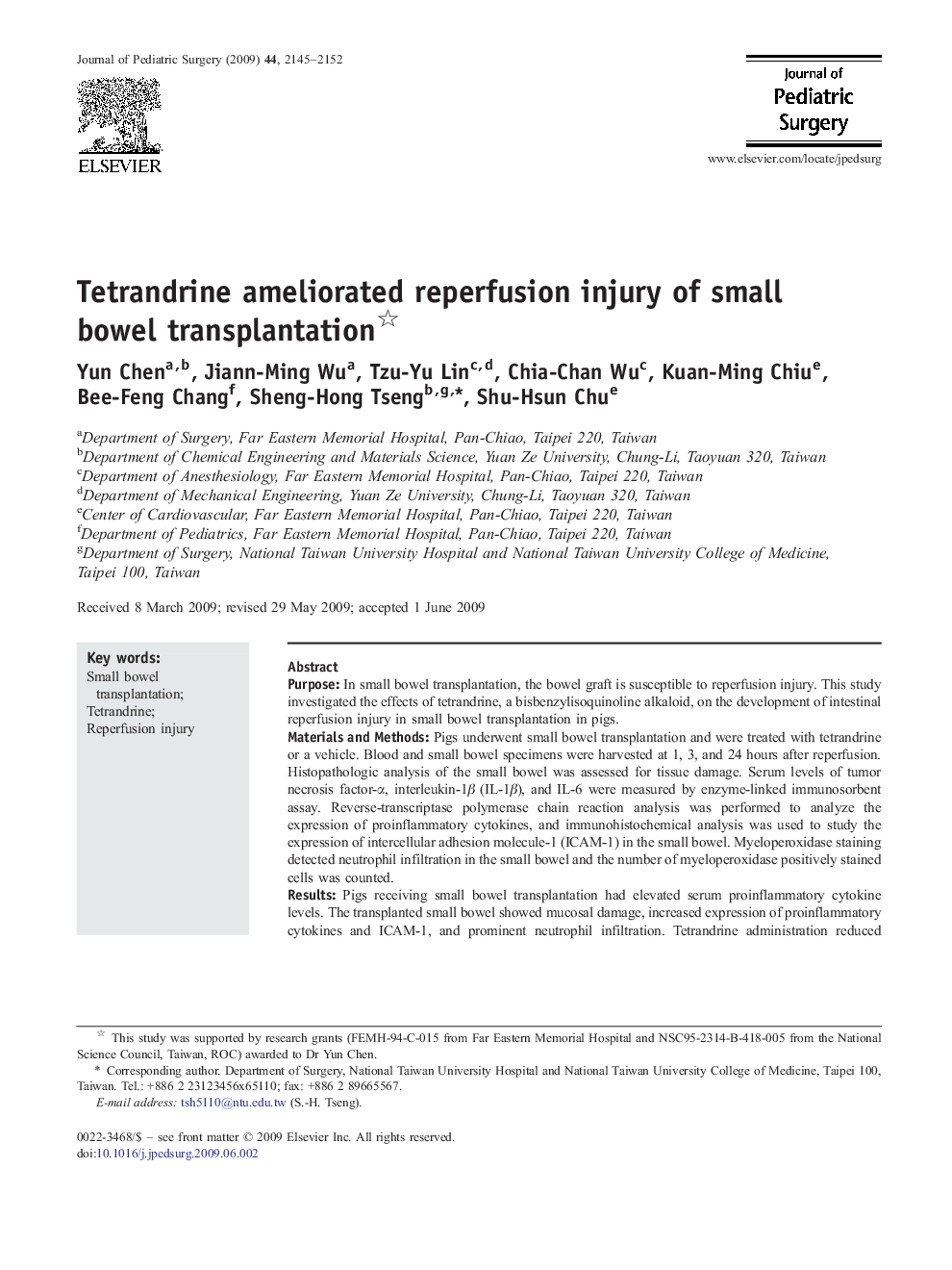 عکس صفحه اول مقاله: Tetrandrine ameliorated reperfusion injury of small bowel transplantation Tetrandrine ameliorated reperfusion injury of small bowel transplantation
