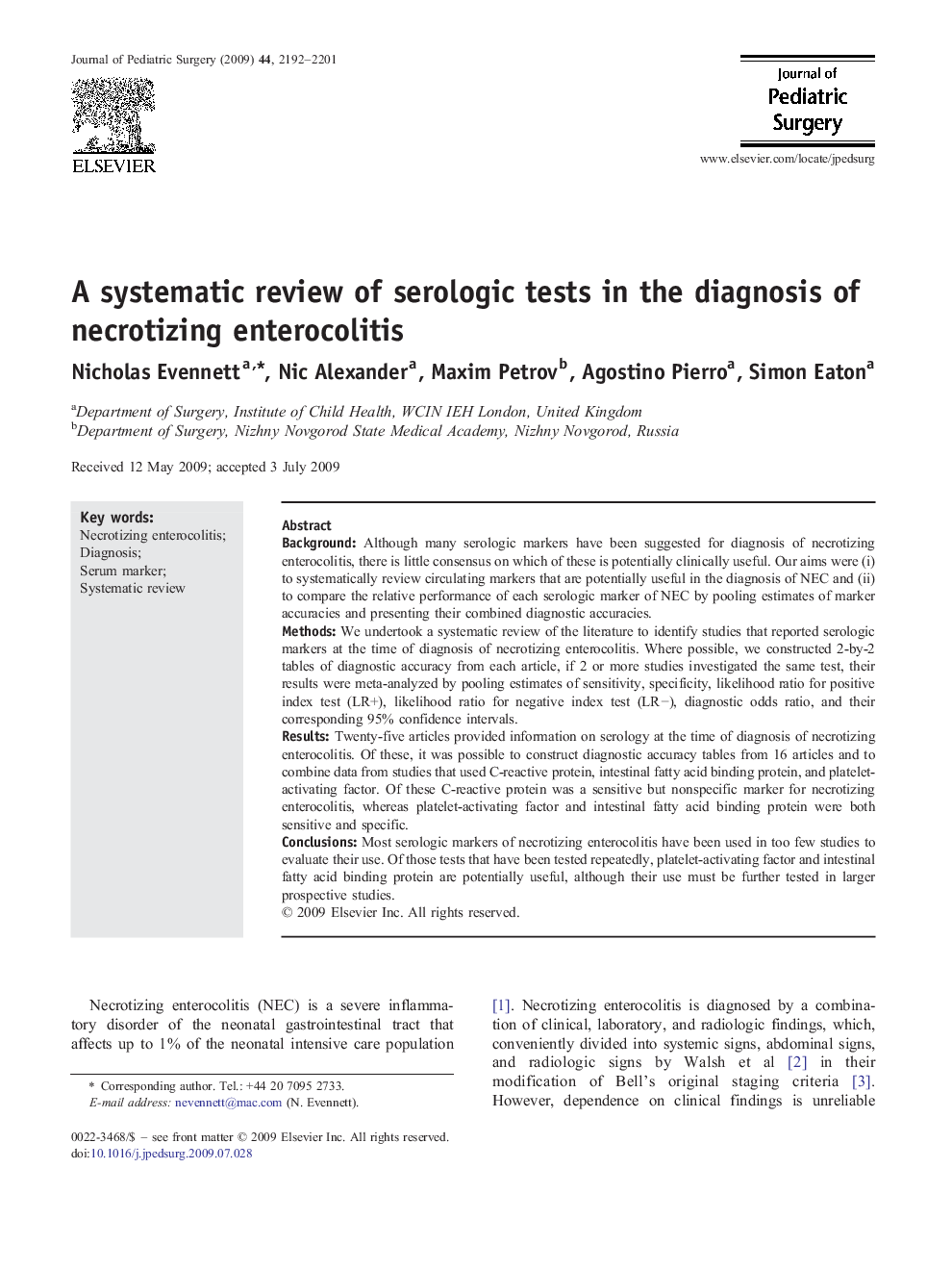 A systematic review of serologic tests in the diagnosis of necrotizing enterocolitis