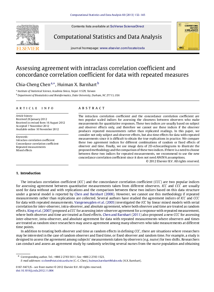 Assessing agreement with intraclass correlation coefficient and concordance correlation coefficient for data with repeated measures