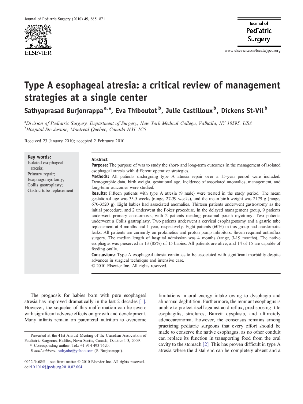 Type A esophageal atresia: a critical review of management strategies at a single center 