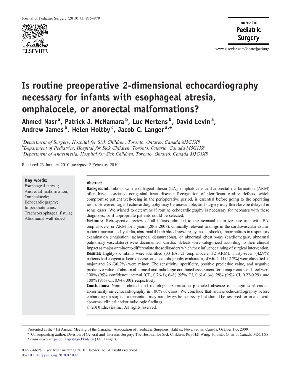 Is routine preoperative 2-dimensional echocardiography necessary for infants with esophageal atresia, omphalocele, or anorectal malformations? 