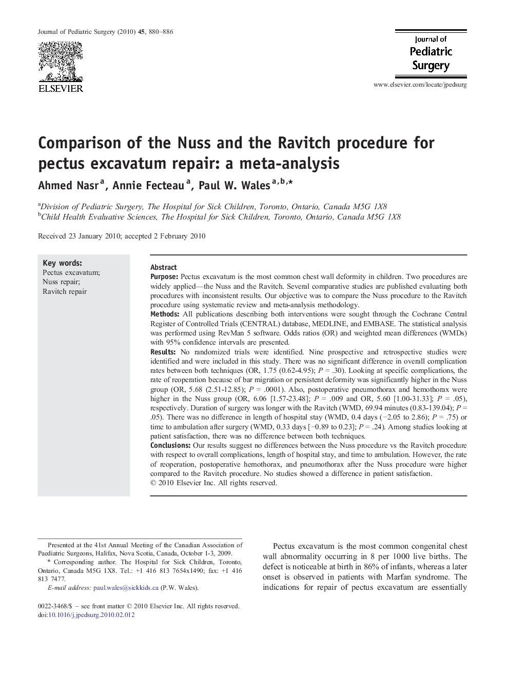 Comparison of the Nuss and the Ravitch procedure for pectus excavatum repair: a meta-analysis 