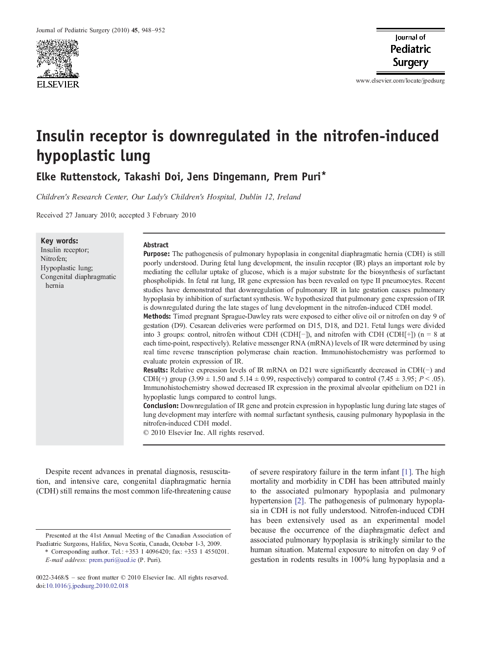 Insulin receptor is downregulated in the nitrofen-induced hypoplastic lung 