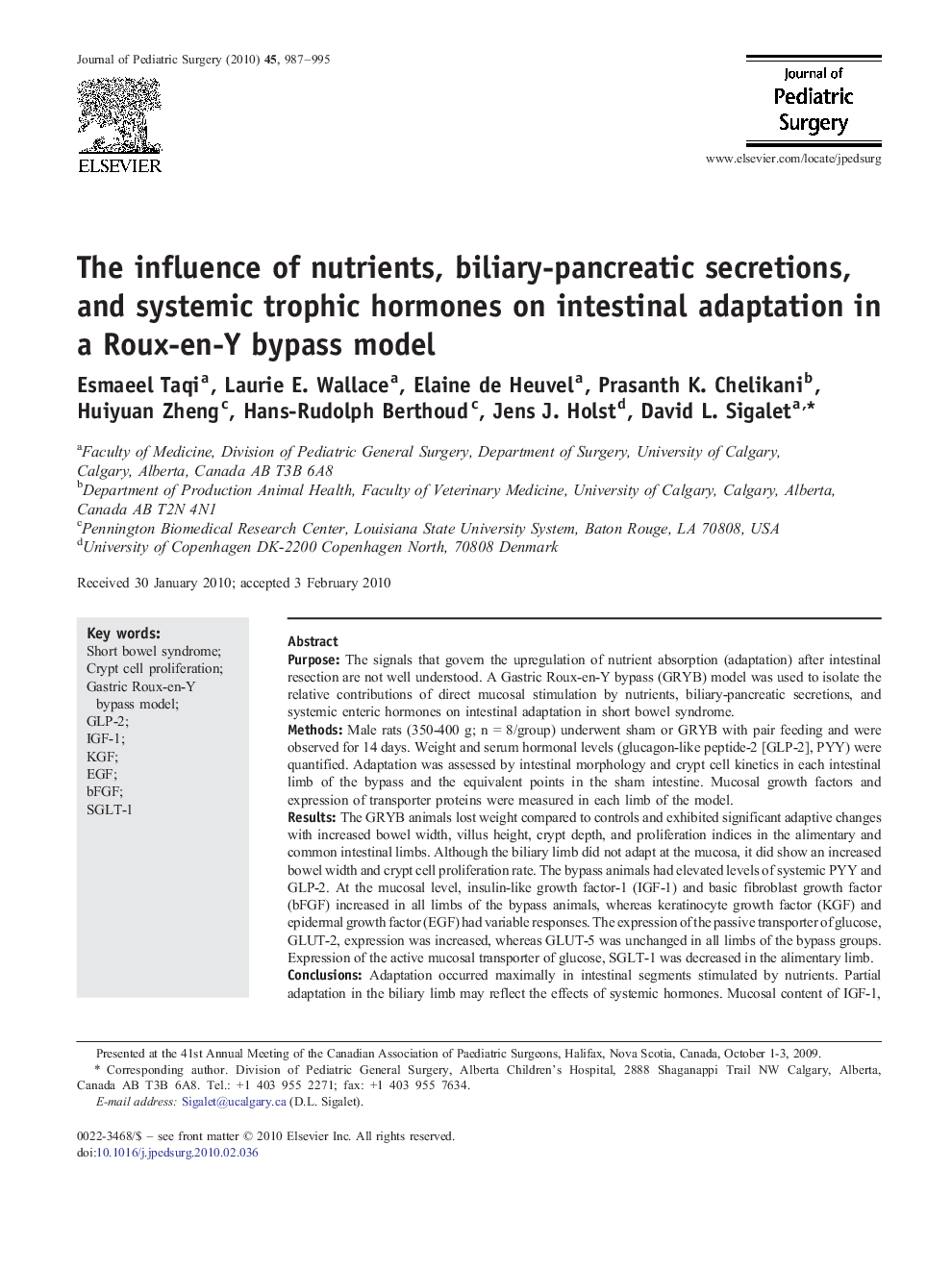 The influence of nutrients, biliary-pancreatic secretions, and systemic trophic hormones on intestinal adaptation in a Roux-en-Y bypass model 