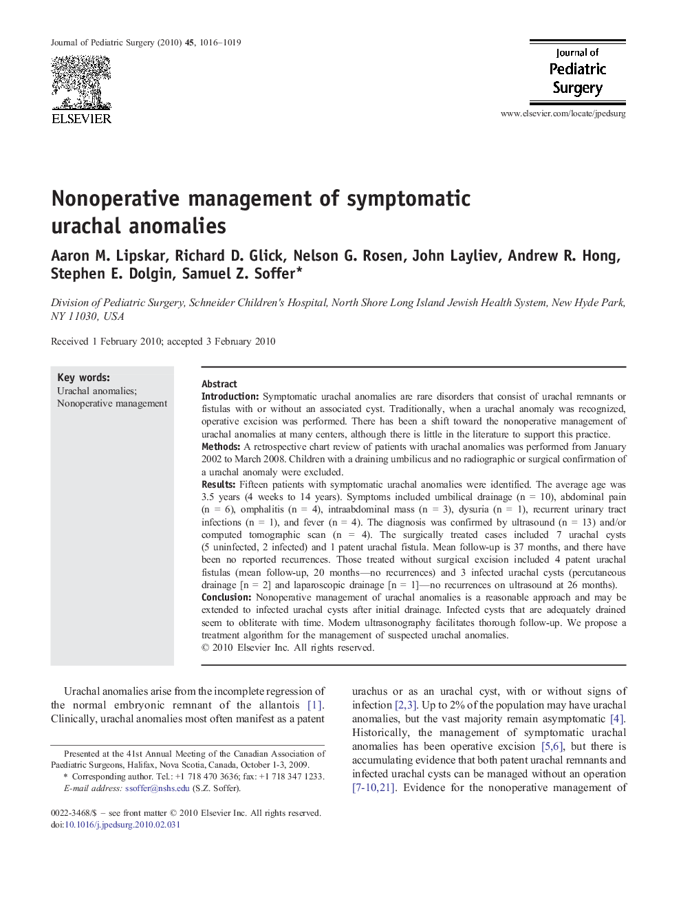 Nonoperative management of symptomatic urachal anomalies 