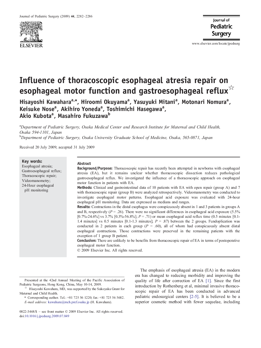 Influence of thoracoscopic esophageal atresia repair on esophageal motor function and gastroesophageal reflux 