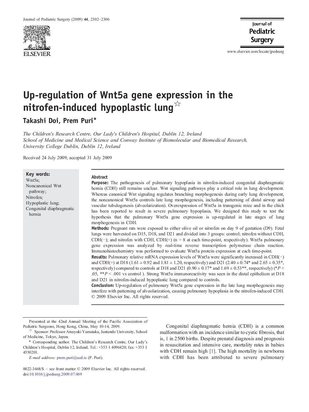 Up-regulation of Wnt5a gene expression in the nitrofen-induced hypoplastic lung