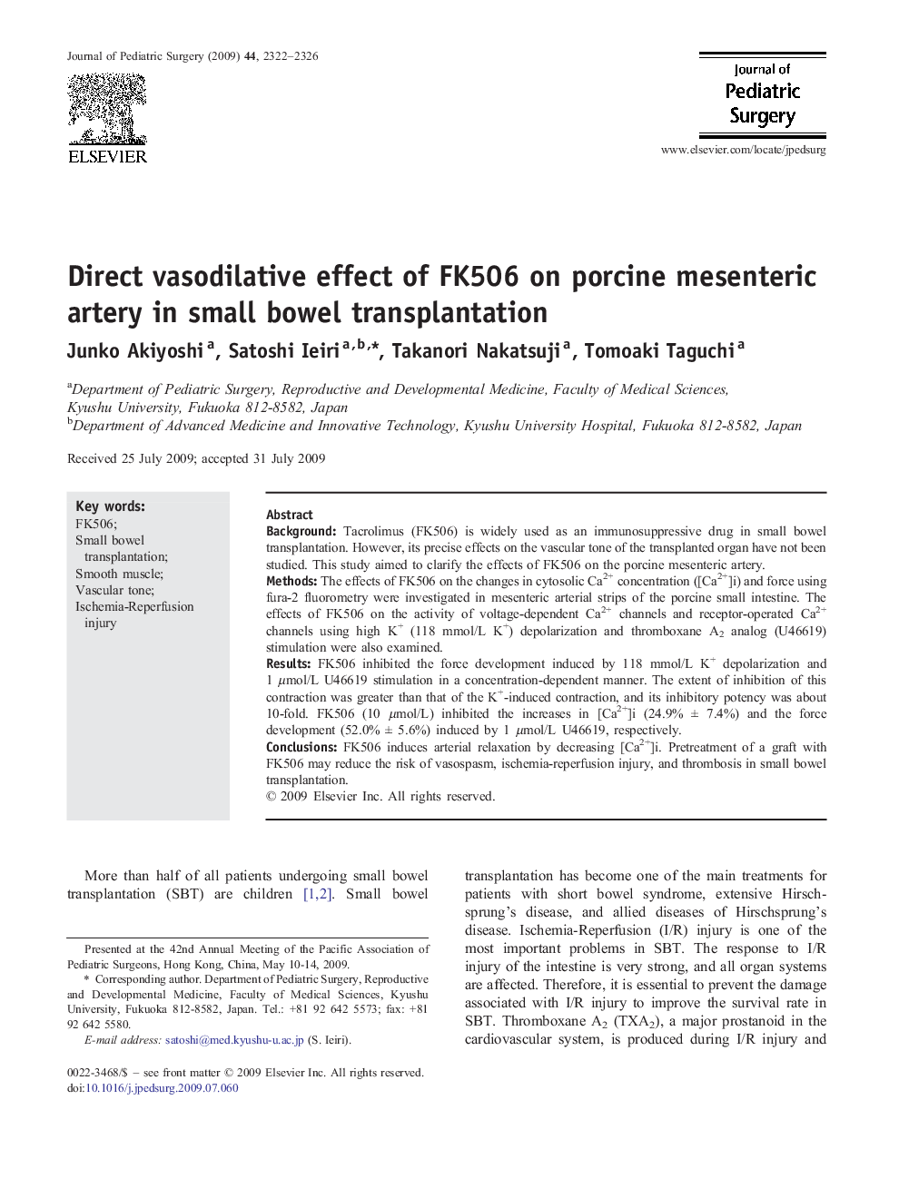 Direct vasodilative effect of FK506 on porcine mesenteric artery in small bowel transplantation