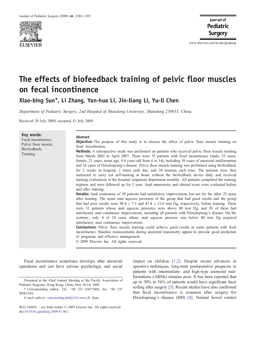 The effects of biofeedback training of pelvic floor muscles on fecal incontinence 