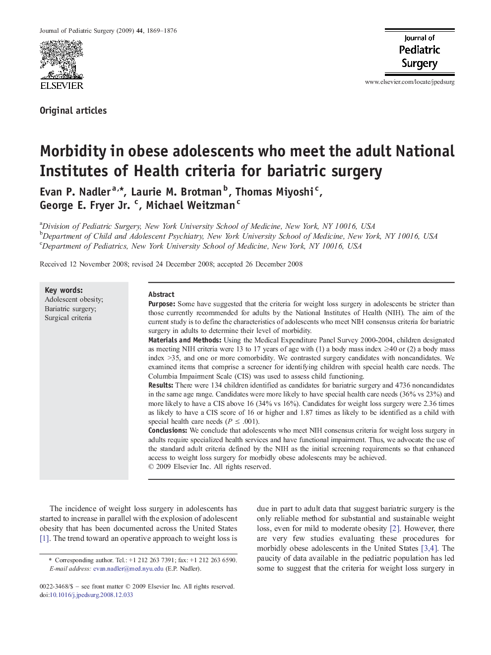 Morbidity in obese adolescents who meet the adult National Institutes of Health criteria for bariatric surgery