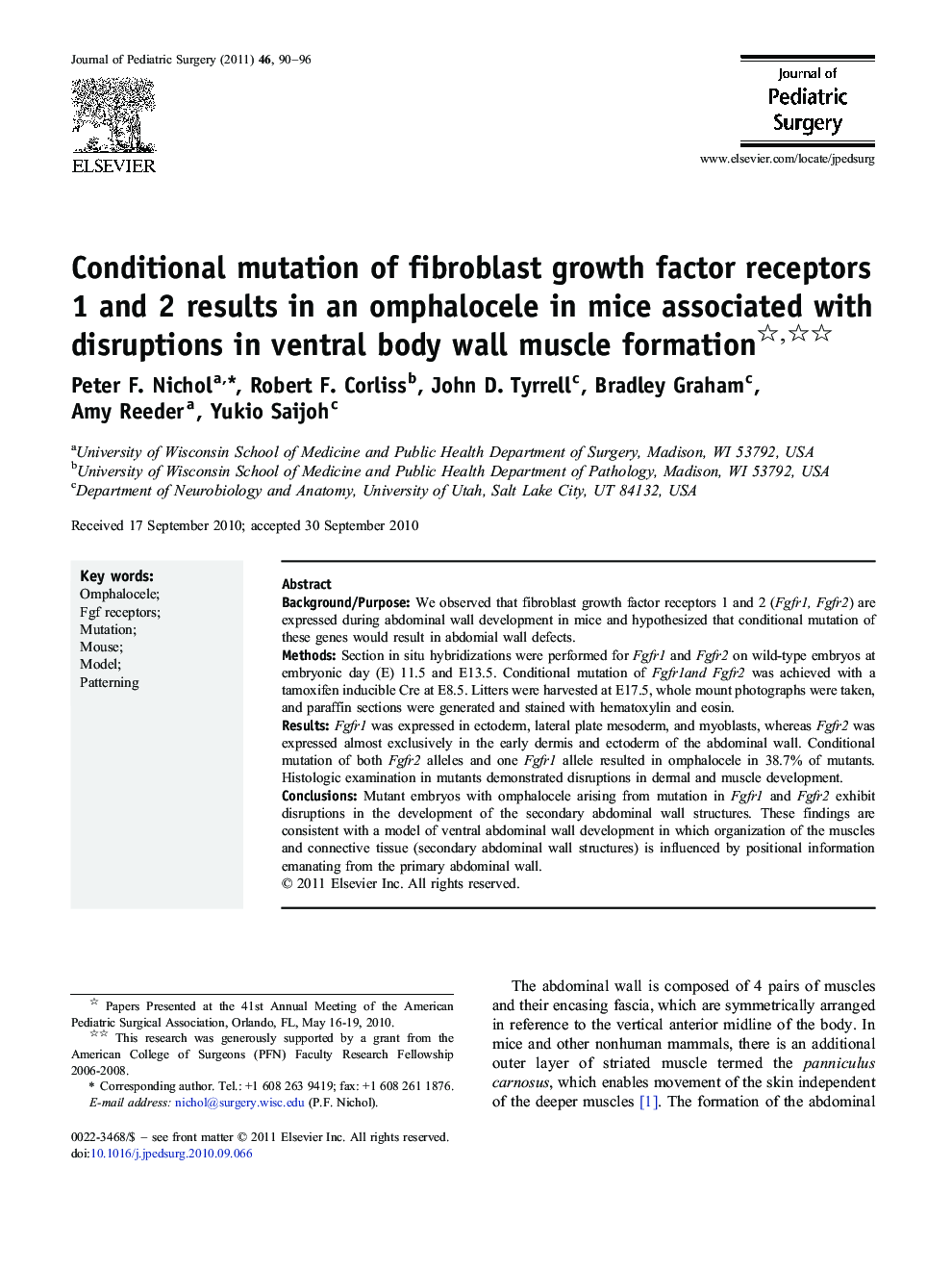 Conditional mutation of fibroblast growth factor receptors 1 and 2 results in an omphalocele in mice associated with disruptions in ventral body wall muscle formation 