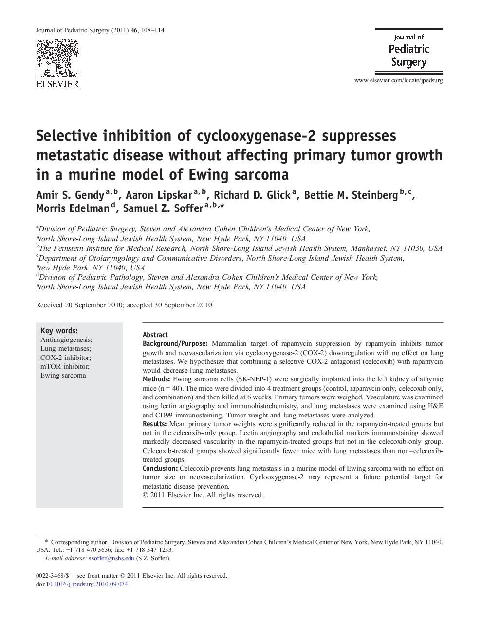 Selective inhibition of cyclooxygenase-2 suppresses metastatic disease without affecting primary tumor growth in a murine model of Ewing sarcoma