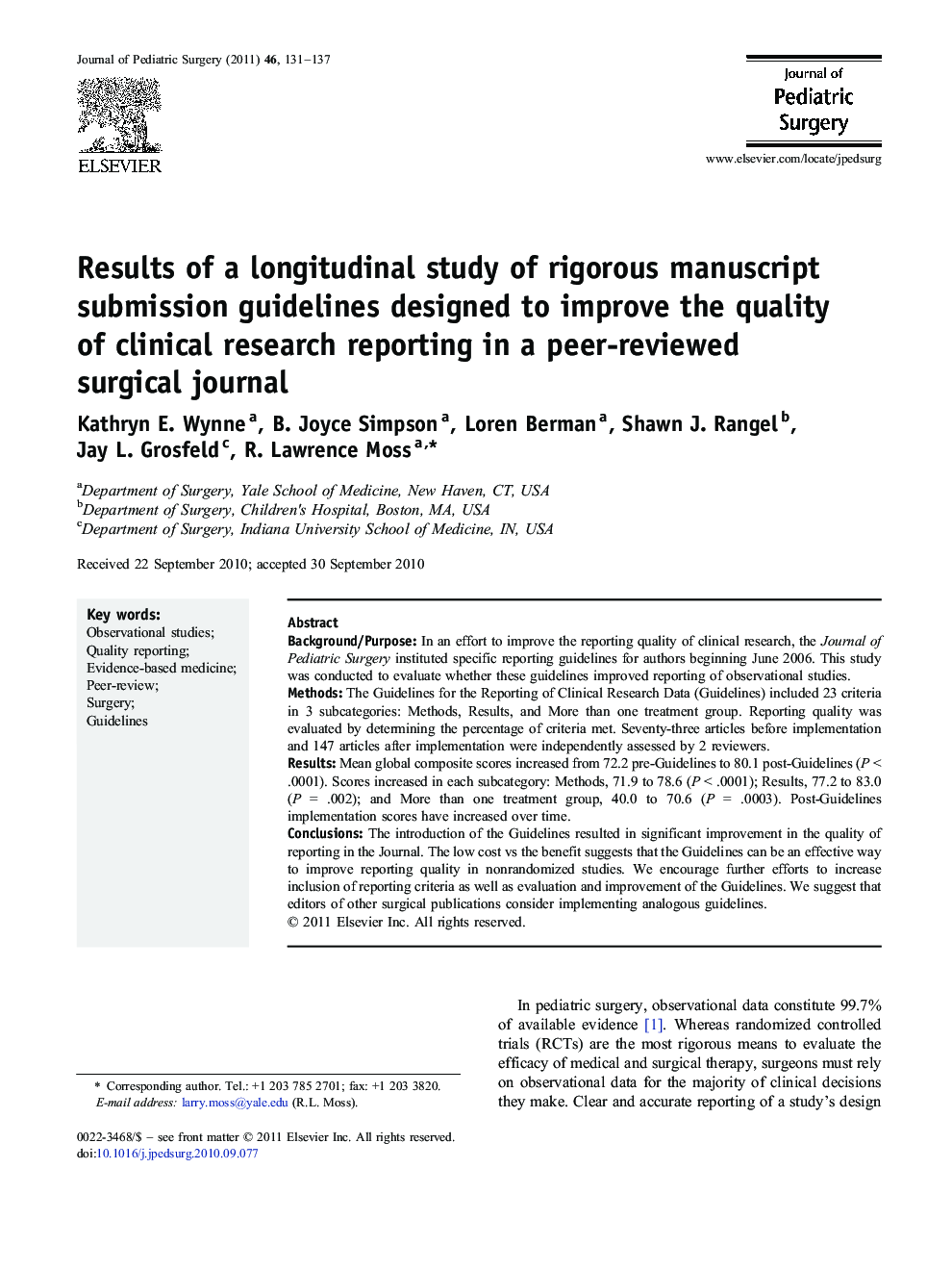 Results of a longitudinal study of rigorous manuscript submission guidelines designed to improve the quality of clinical research reporting in a peer-reviewed surgical journal