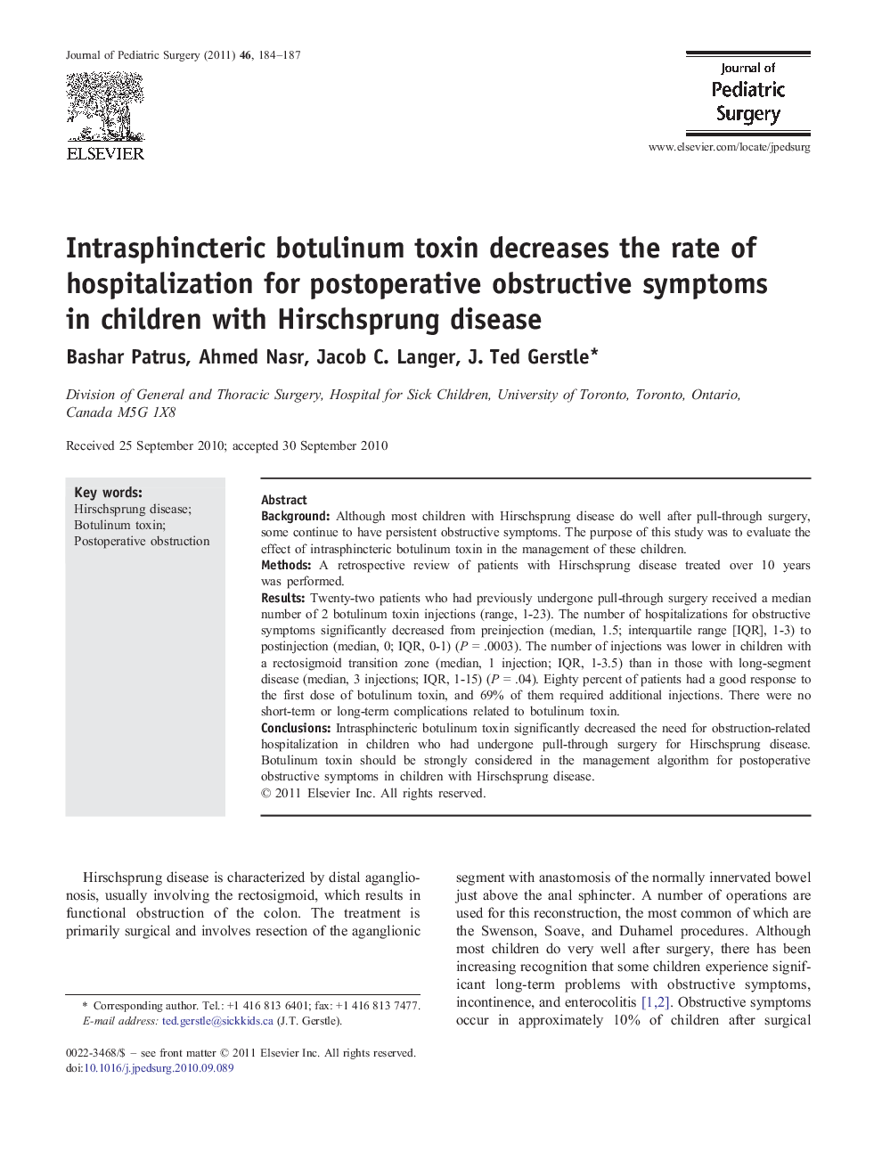 Intrasphincteric botulinum toxin decreases the rate of hospitalization for postoperative obstructive symptoms in children with Hirschsprung disease