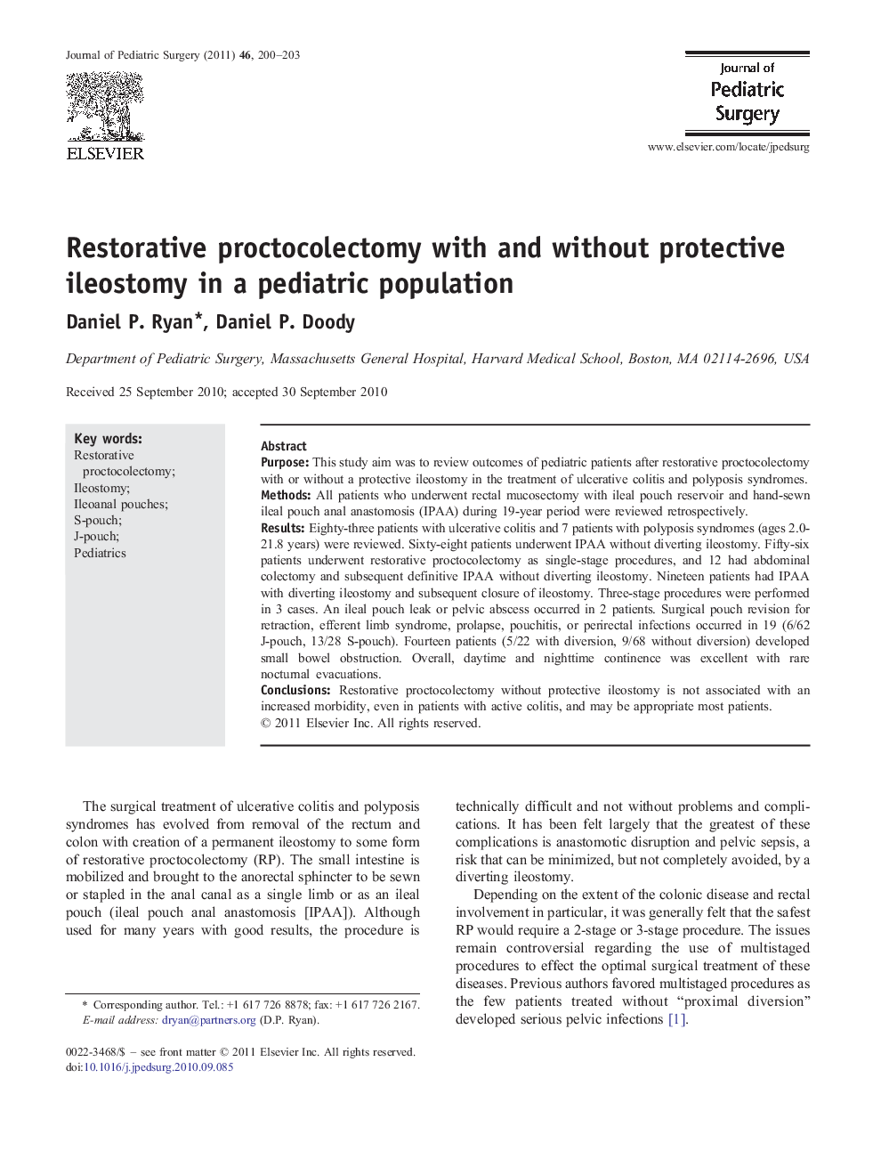 Restorative proctocolectomy with and without protective ileostomy in a pediatric population