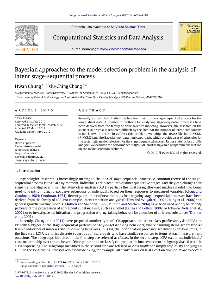 Bayesian approaches to the model selection problem in the analysis of latent stage-sequential process