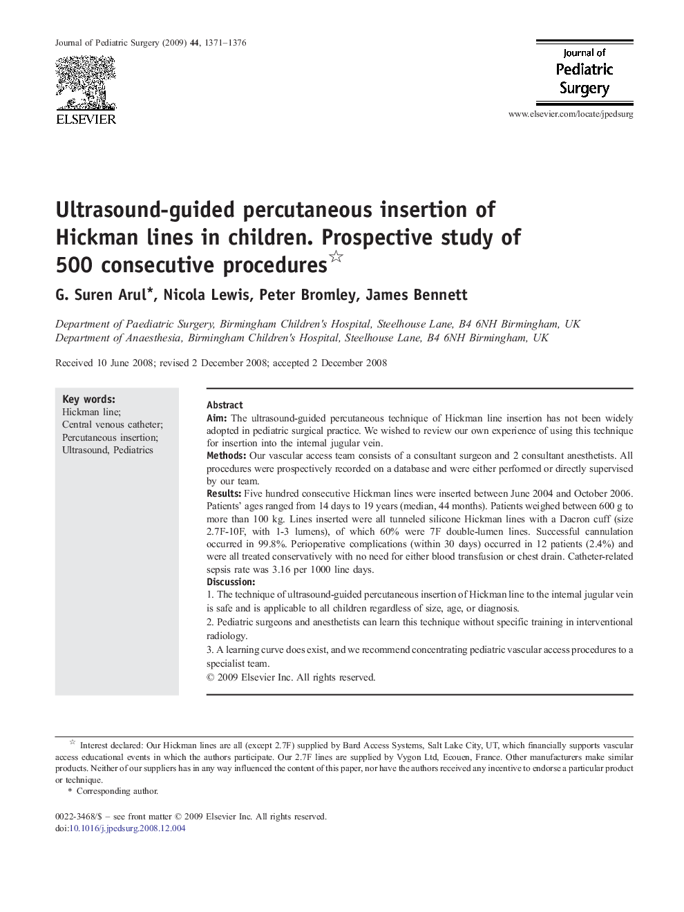 Ultrasound-guided percutaneous insertion of Hickman lines in children. Prospective study of 500 consecutive procedures 