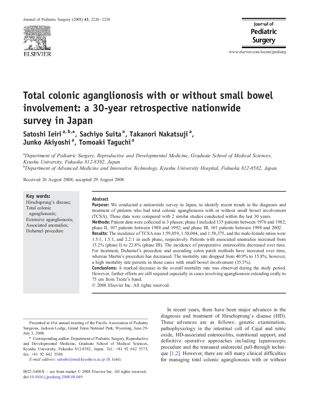 Total colonic aganglionosis with or without small bowel involvement: a 30-year retrospective nationwide survey in Japan 