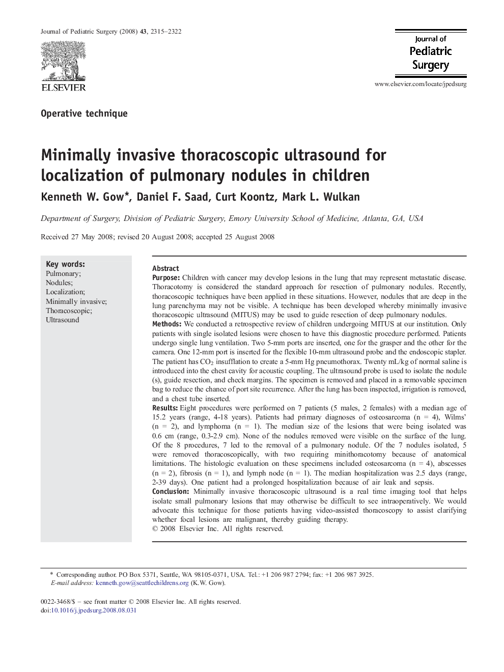 Minimally invasive thoracoscopic ultrasound for localization of pulmonary nodules in children