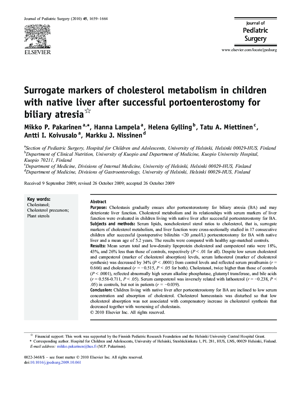 Surrogate markers of cholesterol metabolism in children with native liver after successful portoenterostomy for biliary atresia