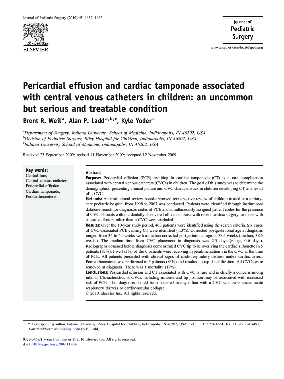 Pericardial effusion and cardiac tamponade associated with central venous catheters in children: an uncommon but serious and treatable condition