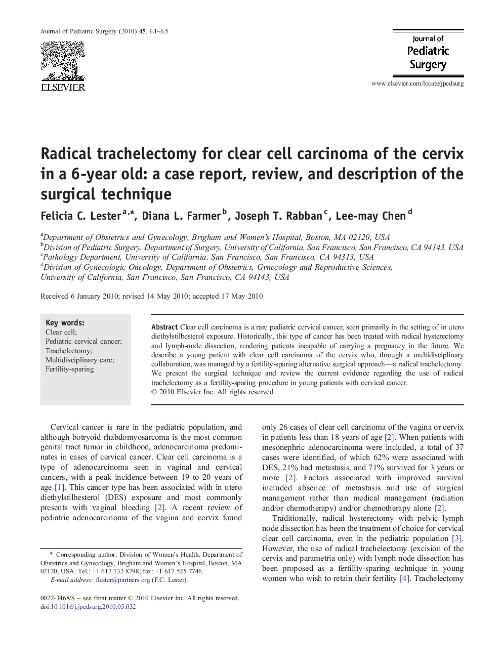 Radical trachelectomy for clear cell carcinoma of the cervix in a 6-year old: a case report, review, and description of the surgical technique